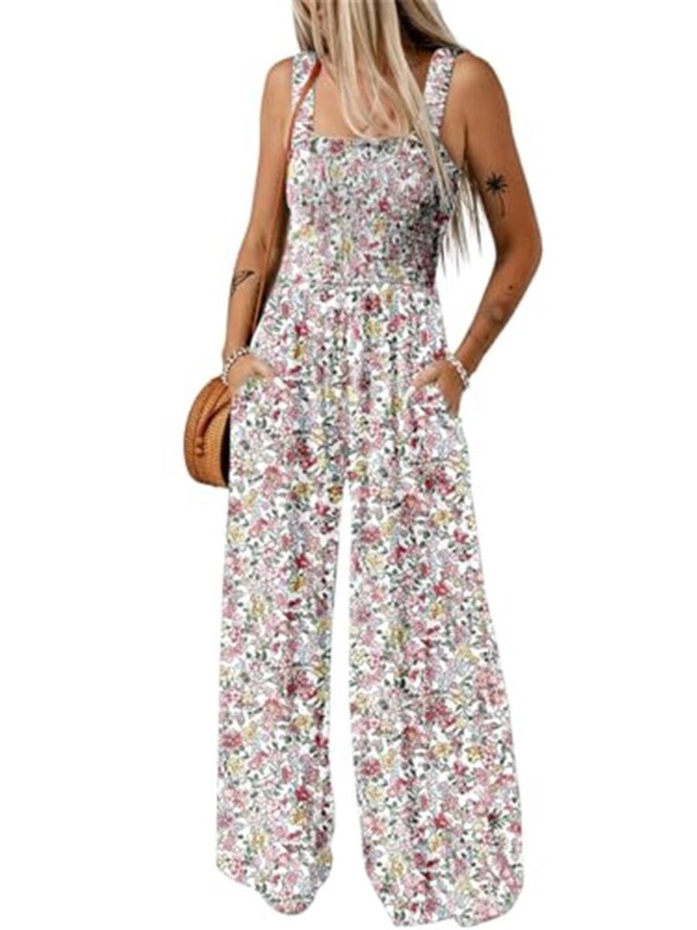 Pink Sleeveless Wide Leg Jumpsuit Romper Overalls Casual Printed Pockets Women